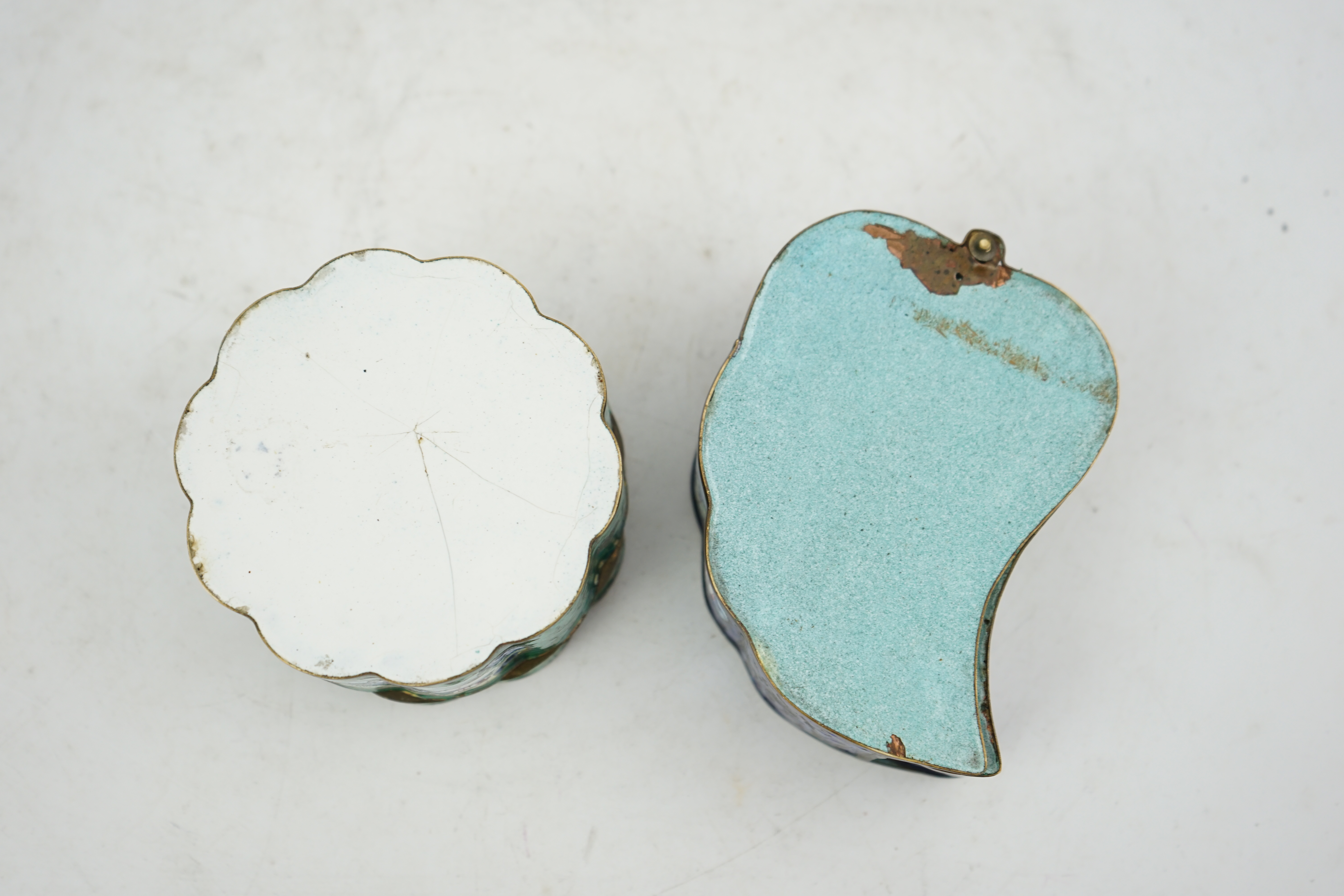 Two Chinese Guangzhou enamel boxes and a similar petal lobed dish, Daoguang period